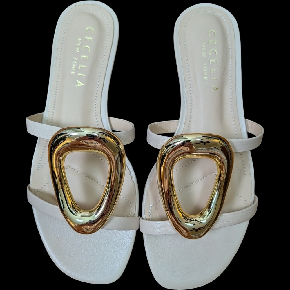 Cecelia New York Leather Slide Sandals Womens 5.5 Nude Gold Mia Flat Link Brazil